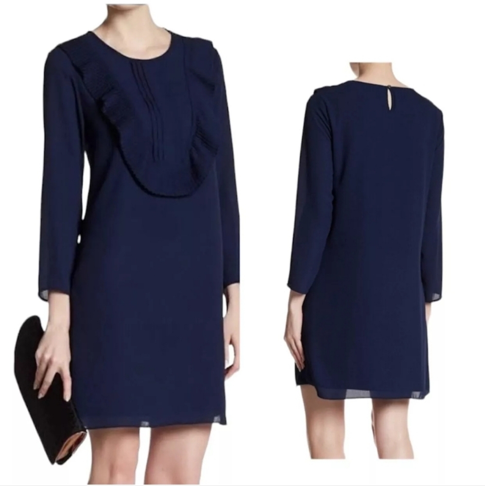 CeCe Navy Accordion Pleat Front Bib Shift Dress